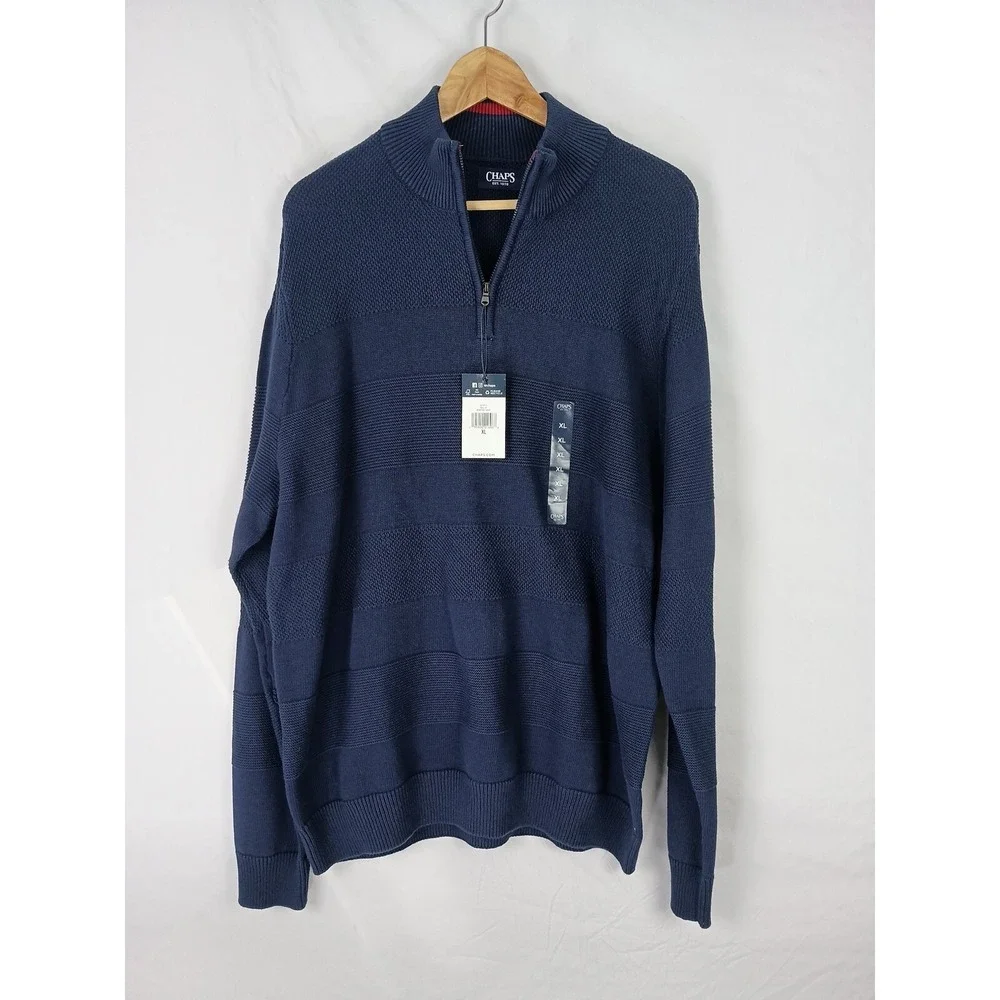 CHAPS Men's XL Navy Blue Cable Knit 1/4 Zip Pullover Cotton Sweater